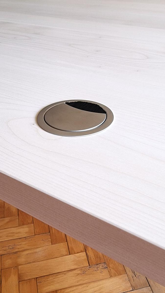 Tischplatte Massivholz (Ahorn, Schweiz) mit Kabeldurchlass Metallguss Edelstahloptik matt