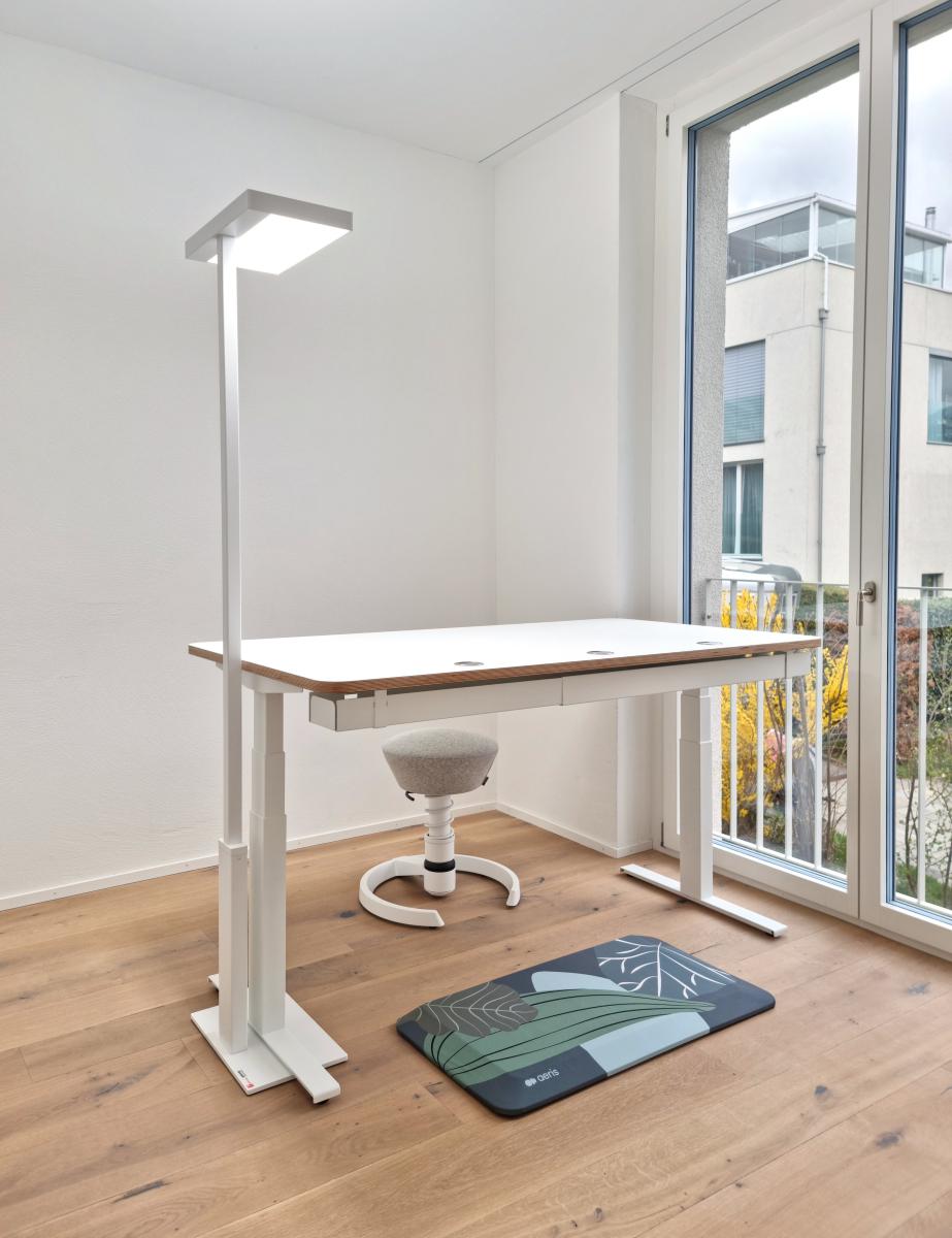 Homeoffice-Set mit elektrisch höhenverstellbarem Schreibtisch, 3D-Aktiv-Bürohocker Swopper, Anti-Ermüdungs-Waldboden-Stehmatte und LED-Leuchte Tunable White