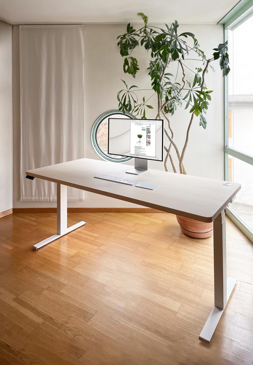 Massivholztischplatte aus Schweizer Ahorn auf Tischgestell Classic Weiss mit Edelstahl-Tischerhöhung 50mm (Arbeitshöhe: 69-135cm)