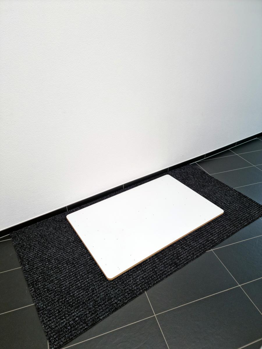 Tischplatte mit Vorbohrungen nach oben auf den Boden legen (Tipp: Teppich oder Wolldecke unterlegen um Kratzer auf Tischoberfläche zu vermeiden!)